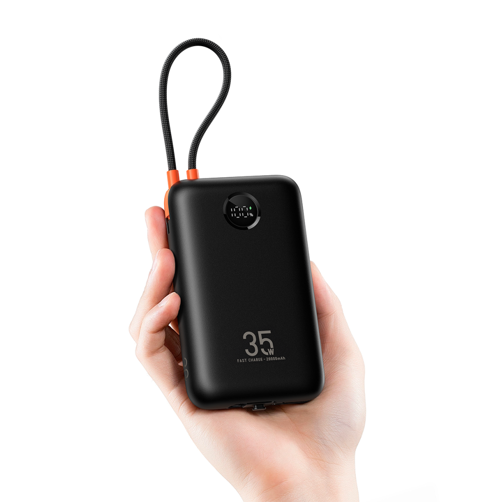 K2 - 20,000mAh 35W PD Digital Display Powerbank With Built In Non-MFI Lightning & USB-C Cable - Black