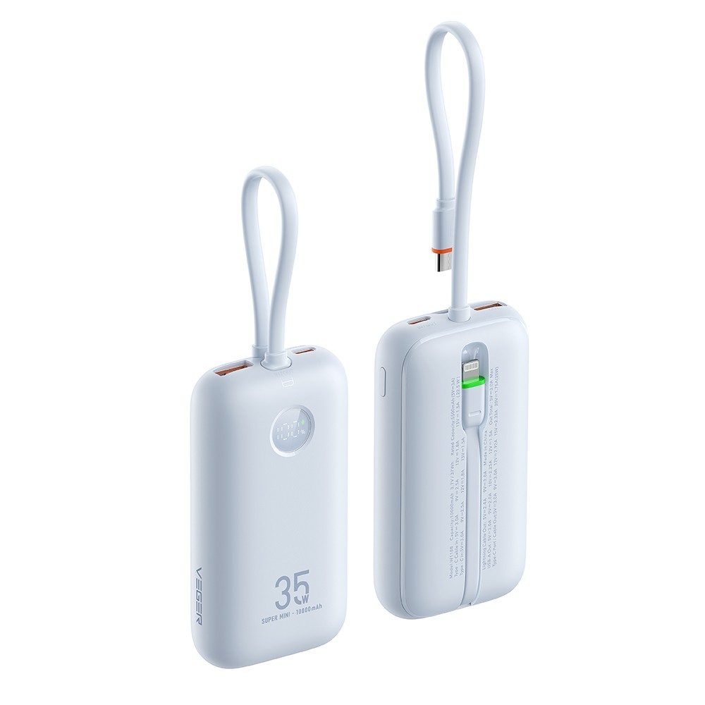 K1 - 10,000mAh 35W PD Digital Display Powerbank With Built In Non-MFI Lightning & USB-C Cable