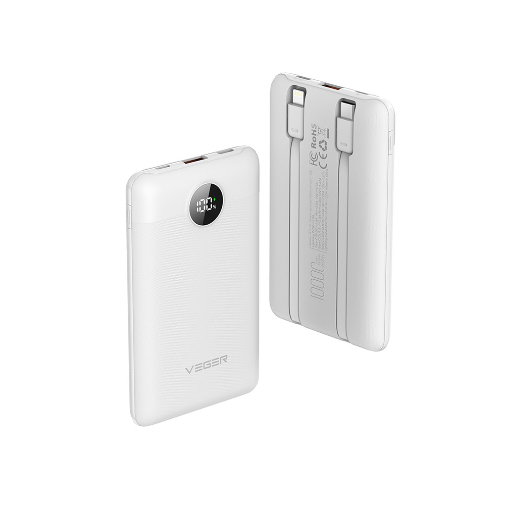 C11C - 10,000mAh PD22.5W PD Digital Display Light Weight Powerbank With Built In Lightning & USB-C Cable Λευκό
