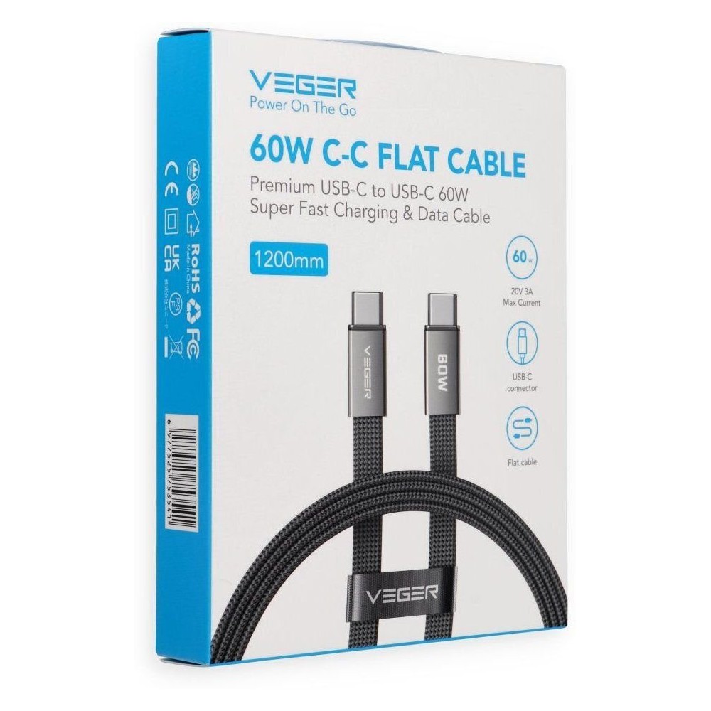 CC06-MTB 60W USB-C to USB-C Flat Braided Cable | 1.2m Fast Charging & Data Sync - Black