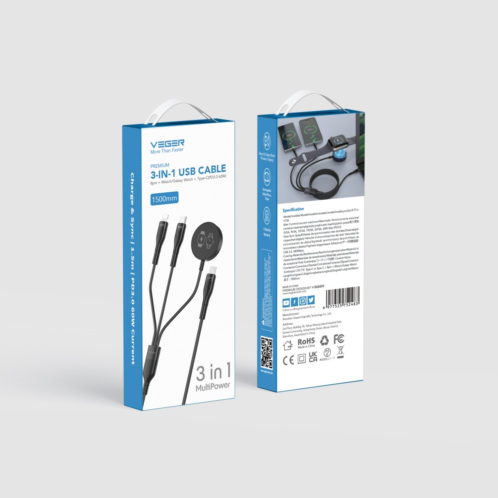 V730 - Multi-Functional 3-in-1 Fast Charging Cable | 92W Power Delivery & Smartwatch Wireless Charger