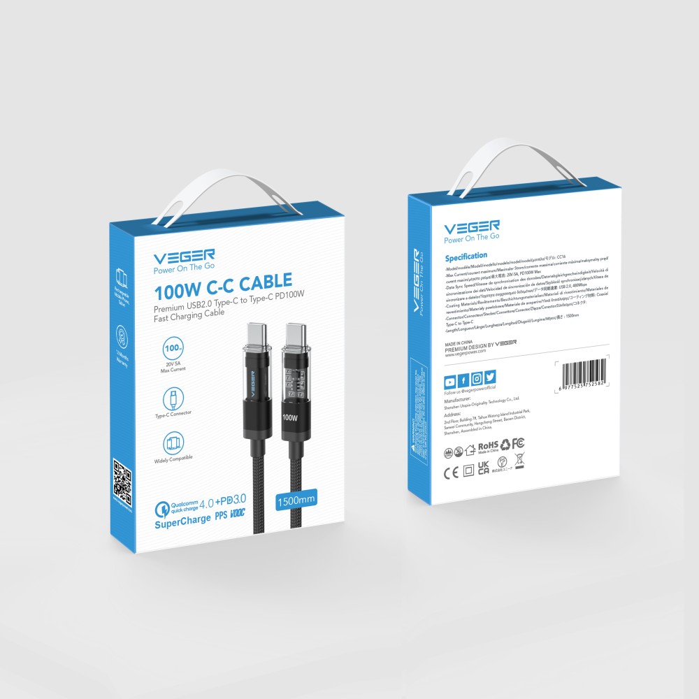 CC16 - 100W USB-C to USB-C Premium Fast Charging Cable (1.5m/5ft) with Smart LED Logo, PD 3.0 & QC 4.0+