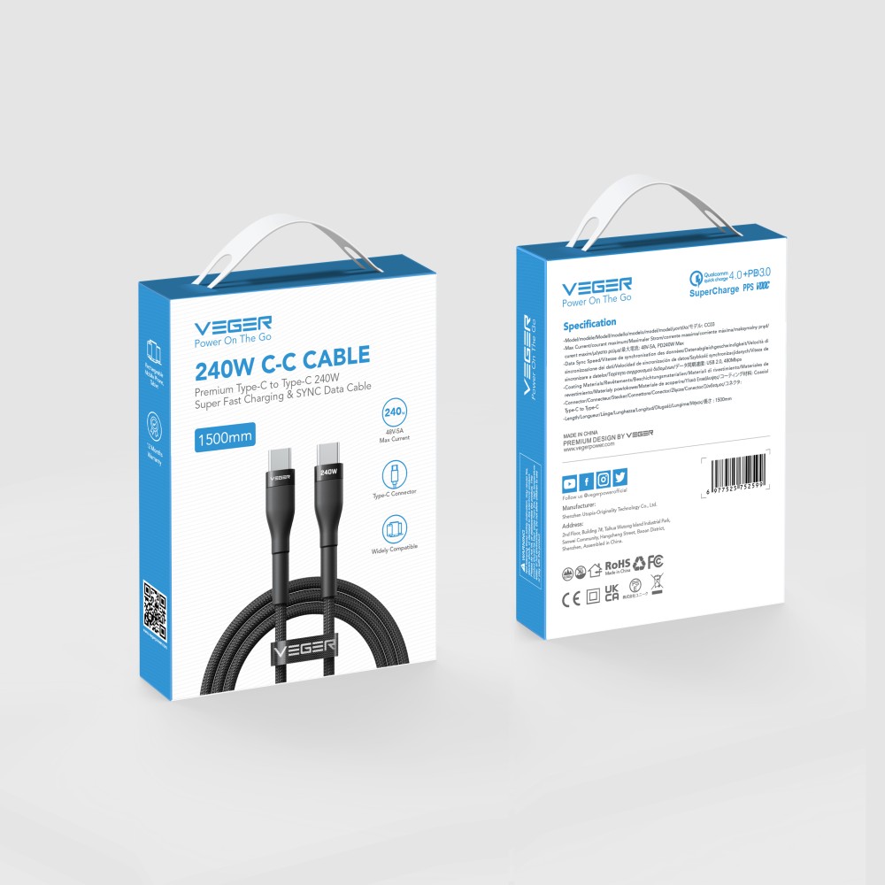 CC03 - 240W USB-C to USB-C Cable, 1.5m Premium Braided Ultra Fast Charging Cord, PD 3.1 48V/5A