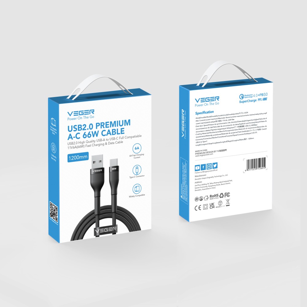 AC04 66W USB-A to USB-C Cable, 1.2m Premium Braided Fast Charging Cord for Huawei SuperCharger