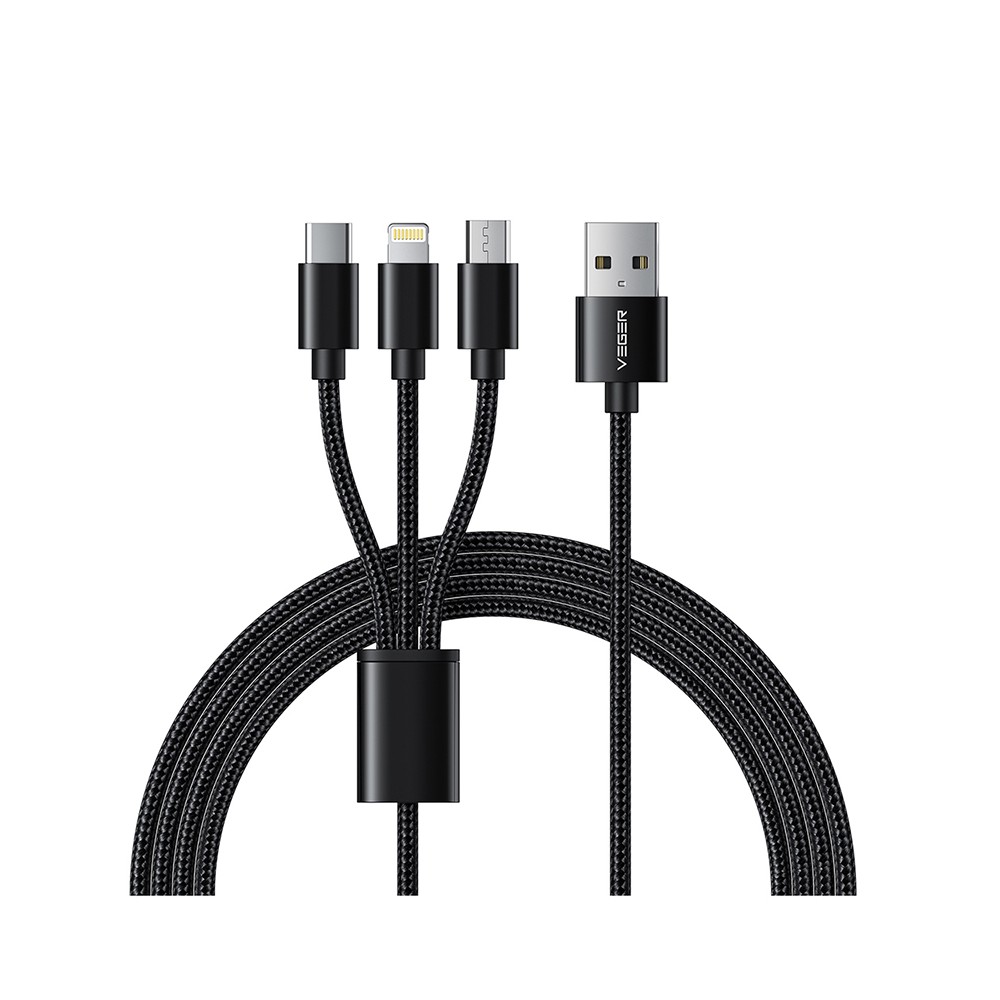 V303 Braided USB to Lightning / Type-C / micro USB Cable 2.4A Μαύρο 1.5m