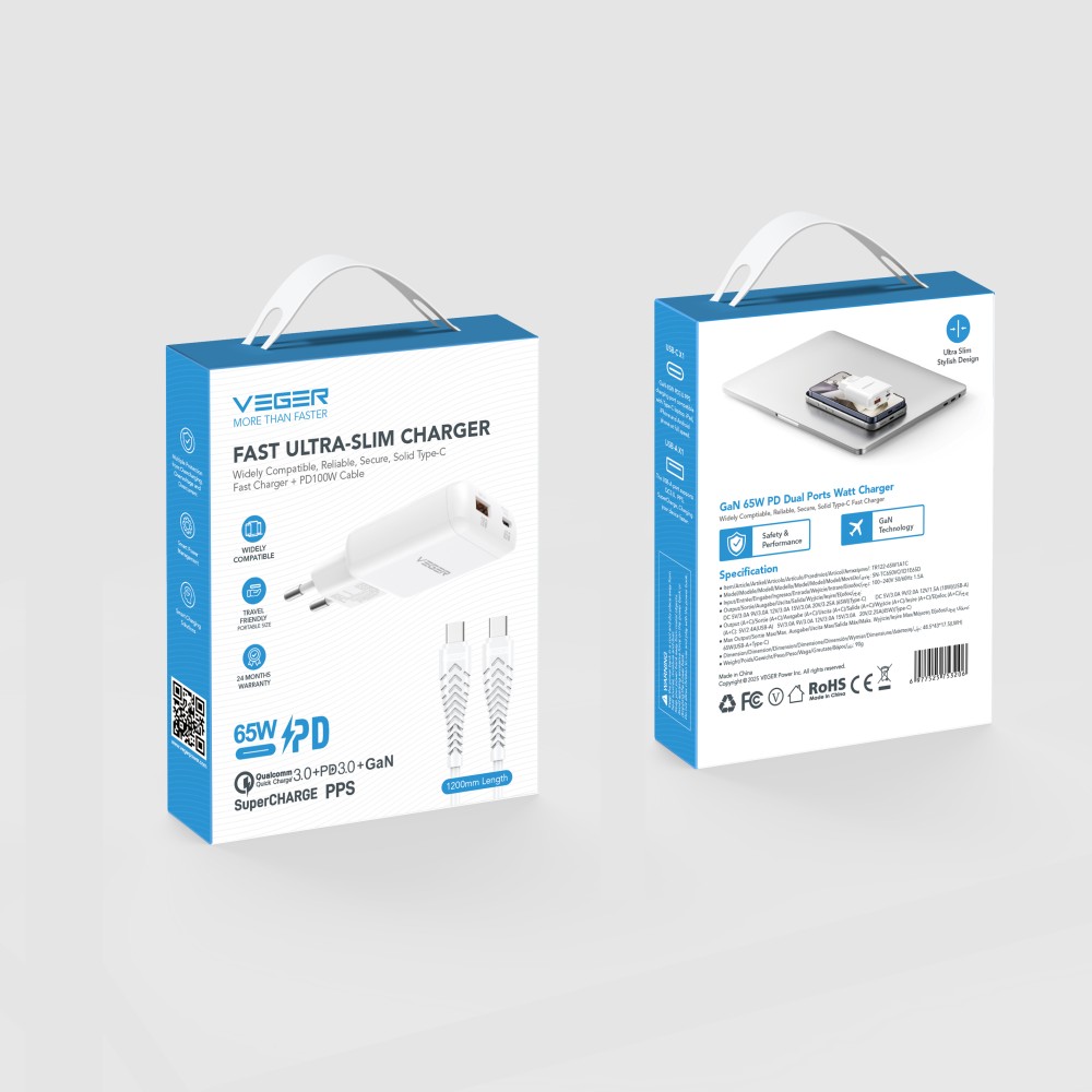 TR122 65W Fast Ultra-Slim GaN Charger - Dual Port USB-C PD 3.0 & USB-A QC 3.0