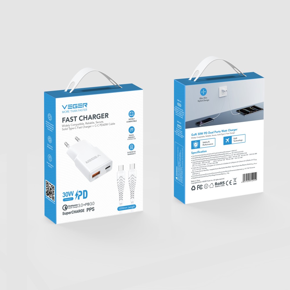 TR120-1A1C 30W Ultra Slim GaN Dual Port Fast Charger with Type-C to Type-C PD60W Cable