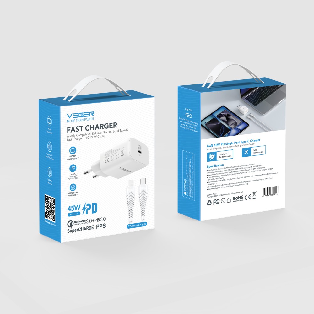 TR101-45W1C 45W GaN Single USB-C Port Fast Charger with Type-C to Type-C Cable (1200mm