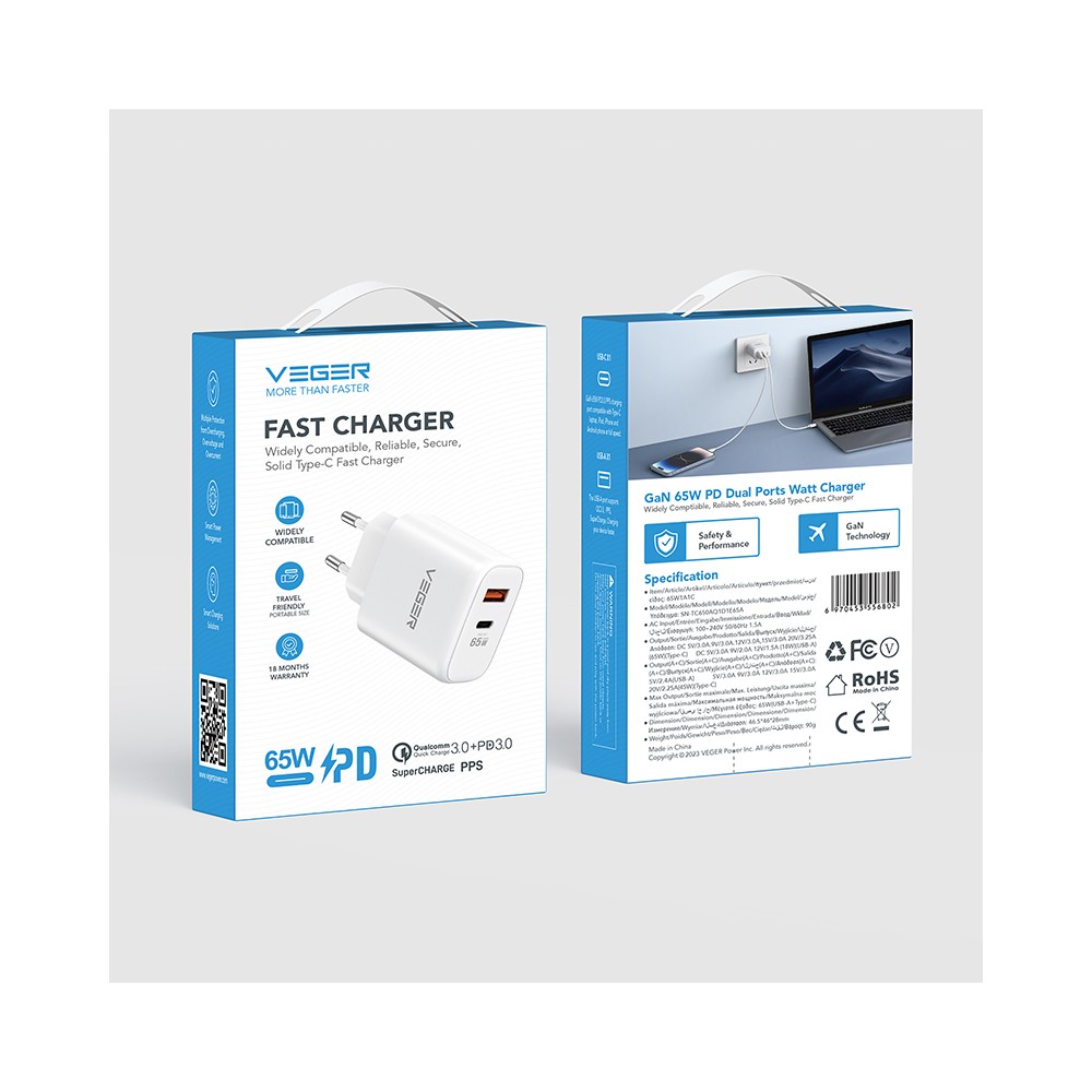 TC650 - Φορτιστής Χωρίς Καλώδιο με Θύρα USB-A και Θύρα USB-C 65W Power Delivery